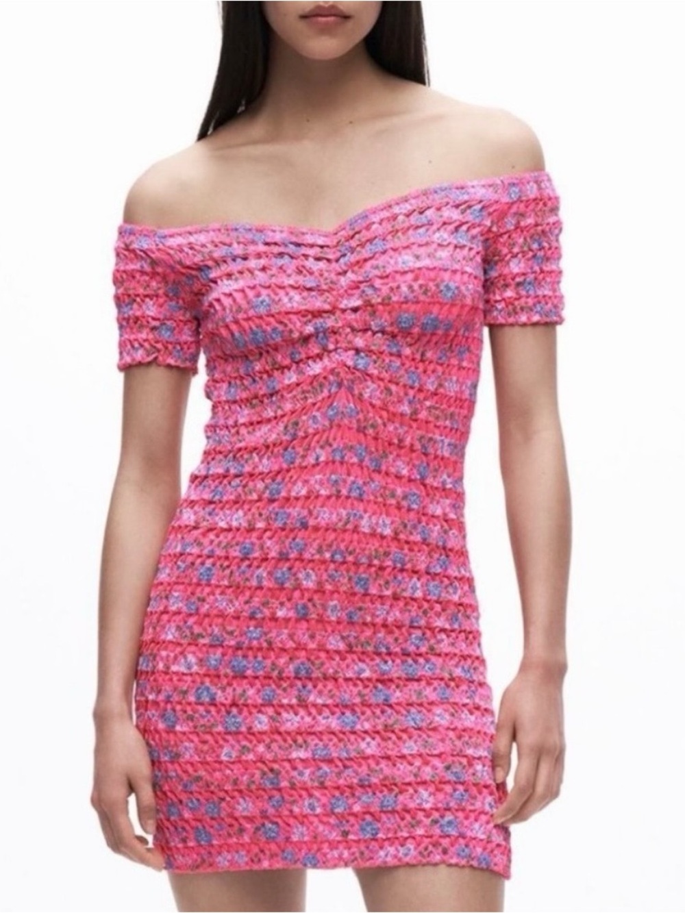 Zara Off-Shoulder Pink Ruched Mini Dress